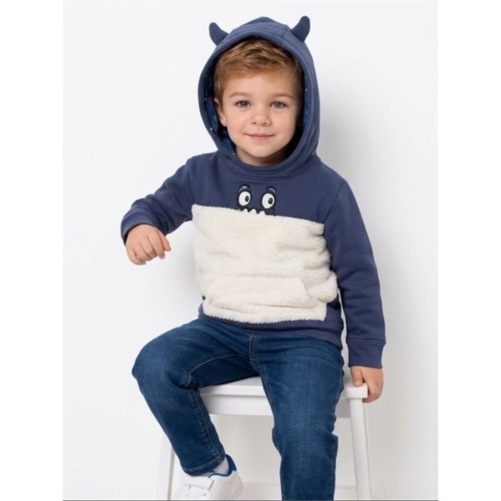 Oshkosh Blue Monster Terry Hoodie Sweatshirt 2T Toddler Embellished hood/front
